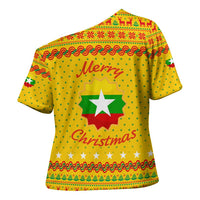 Myanmar Christmas Cross Shoulder Shirt with Yellow-Red-Green Theme, National Emblem, and Star Motif - Wonder Print Shop