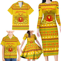 Myanmar Christmas Family Matching Long Sleeve Bodycon Dress and Hawaiian Shirt with Yellow-Red-Green Theme, National Emblem, and Star Motif - Wonder Print Shop