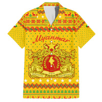 Myanmar Christmas Family Matching Off The Shoulder Long Sleeve Dress and Hawaiian Shirt with Yellow-Red-Green Theme, National Emblem, and Star Motif - Wonder Print Shop