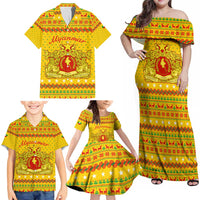 Myanmar Christmas Family Matching Off Shoulder Maxi Dress and Hawaiian Shirt with Yellow-Red-Green Theme, National Emblem, and Star Motif - Wonder Print Shop