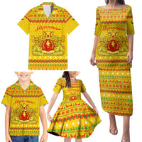 Myanmar Christmas Family Matching Puletasi and Hawaiian Shirt with Yellow-Red-Green Theme, National Emblem, and Star Motif - Wonder Print Shop