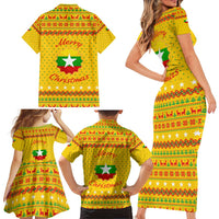 Myanmar Christmas Family Matching Short Sleeve Bodycon Dress and Hawaiian Shirt with Yellow-Red-Green Theme, National Emblem, and Star Motif - Wonder Print Shop