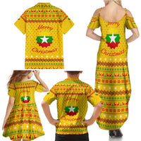 Myanmar Christmas Family Matching Summer Maxi Dress and Hawaiian Shirt with Yellow-Red-Green Theme, National Emblem, and Star Motif - Wonder Print Shop
