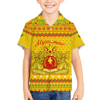 Myanmar Christmas Family Matching Summer Maxi Dress and Hawaiian Shirt with Yellow-Red-Green Theme, National Emblem, and Star Motif - Wonder Print Shop