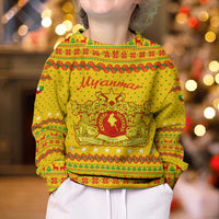 Myanmar Christmas Kid Ugly Christmas Sweater with Yellow-Red-Green Theme, National Emblem, and Star Motif - Wonder Print Shop