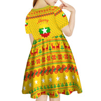 Myanmar Christmas Kid Short Sleeve Dress with Yellow-Red-Green Theme, National Emblem, and Star Motif - Wonder Print Shop