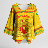 Myanmar Christmas Kimono Sleeve Blouse with Yellow-Red-Green Theme, National Emblem, and Star Motif - Wonder Print Shop