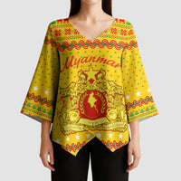 Myanmar Christmas Kimono Sleeve Blouse with Yellow-Red-Green Theme, National Emblem, and Star Motif - Wonder Print Shop