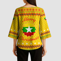 Myanmar Christmas Kimono Sleeve Blouse with Yellow-Red-Green Theme, National Emblem, and Star Motif - Wonder Print Shop