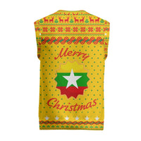 Myanmar Christmas Knitted V-Neck Vest with Yellow-Red-Green Theme, National Emblem, and Star Motif - Wonder Print Shop