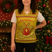 Myanmar Christmas Knitted V-Neck Vest with Yellow-Red-Green Theme, National Emblem, and Star Motif - Wonder Print Shop