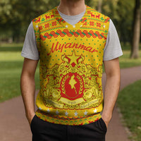 Myanmar Christmas Knitted V-Neck Vest with Yellow-Red-Green Theme, National Emblem, and Star Motif - Wonder Print Shop