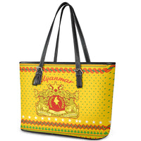 Myanmar Christmas Leather Tote Bag with Yellow-Red-Green Theme, National Emblem, and Star Motif - Wonder Print Shop