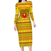Myanmar Christmas Long Sleeve Bodycon Dress with Yellow-Red-Green Theme, National Emblem, and Star Motif - Wonder Print Shop