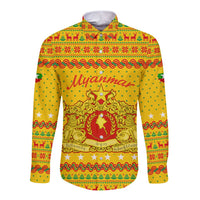 Myanmar Christmas Long Sleeve Button Shirt with Yellow-Red-Green Theme, National Emblem, and Star Motif - Wonder Print Shop