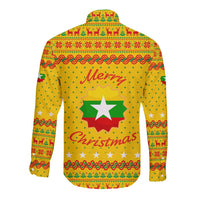 Myanmar Christmas Long Sleeve Button Shirt with Yellow-Red-Green Theme, National Emblem, and Star Motif - Wonder Print Shop