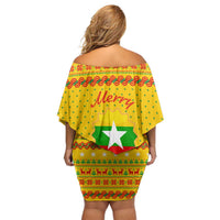 Myanmar Christmas Off Shoulder Short Dress with Yellow-Red-Green Theme, National Emblem, and Star Motif - Wonder Print Shop
