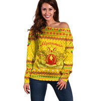 Myanmar Christmas Off Shoulder Sweater with Yellow-Red-Green Theme, National Emblem, and Star Motif - Wonder Print Shop