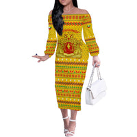 Myanmar Christmas Off The Shoulder Long Sleeve Dress with Yellow-Red-Green Theme, National Emblem, and Star Motif - Wonder Print Shop