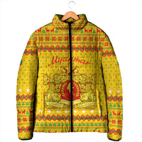 Myanmar Christmas Padded Jacket with Yellow-Red-Green Theme, National Emblem, and Star Motif - Wonder Print Shop
