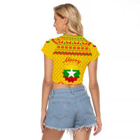 Myanmar Christmas Raglan Cropped T Shirt with Yellow-Red-Green Theme, National Emblem, and Star Motif - Wonder Print Shop