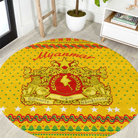 Myanmar Christmas Round Carpet with Yellow-Red-Green Theme, National Emblem, and Star Motif - Wonder Print Shop