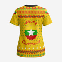 Myanmar Christmas Scrub Top with Yellow-Red-Green Theme, National Emblem, and Star Motif - Wonder Print Shop