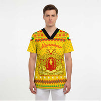 Myanmar Christmas Scrub Top with Yellow-Red-Green Theme, National Emblem, and Star Motif - Wonder Print Shop
