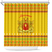 Myanmar Christmas Shower Curtain with Yellow-Red-Green Theme, National Emblem, and Star Motif - Wonder Print Shop