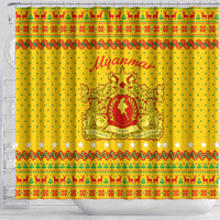 Myanmar Christmas Shower Curtain with Yellow-Red-Green Theme, National Emblem, and Star Motif - Wonder Print Shop