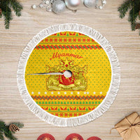 Myanmar Christmas Tree Skirt with Yellow-Red-Green Theme, National Emblem, and Star Motif - Wonder Print Shop