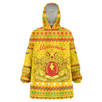 Myanmar Christmas Wearable Blanket Hoodie with Yellow-Red-Green Theme, National Emblem, and Star Motif - Wonder Print Shop