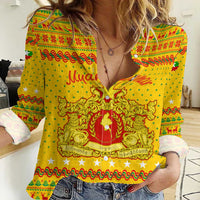 Myanmar Christmas Women Casual Shirt with Yellow-Red-Green Theme, National Emblem, and Star Motif - Wonder Print Shop