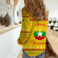 Myanmar Christmas Women Casual Shirt with Yellow-Red-Green Theme, National Emblem, and Star Motif - Wonder Print Shop