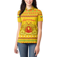 Myanmar Christmas Women Polo Shirt with Yellow-Red-Green Theme, National Emblem, and Star Motif - Wonder Print Shop