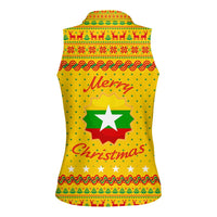 Myanmar Christmas Women Sleeveless Polo Shirt with Yellow-Red-Green Theme, National Emblem, and Star Motif - Wonder Print Shop