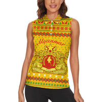 Myanmar Christmas Women Sleeveless Polo Shirt with Yellow-Red-Green Theme, National Emblem, and Star Motif - Wonder Print Shop