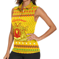 Myanmar Christmas Women Sleeveless Polo Shirt with Yellow-Red-Green Theme, National Emblem, and Star Motif - Wonder Print Shop