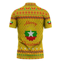 Myanmar Christmas Zipper Polo Shirt with Yellow-Red-Green Theme, National Emblem, and Star Motif - Wonder Print Shop