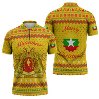 Myanmar Christmas Zipper Polo Shirt with Yellow-Red-Green Theme, National Emblem, and Star Motif - Wonder Print Shop