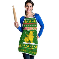 Myanmar Christmas Apron with Green-Gold Theme, Chinthe Lion, and Santa Motif - Wonder Print Shop