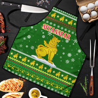 Myanmar Christmas Apron with Green-Gold Theme, Chinthe Lion, and Santa Motif - Wonder Print Shop