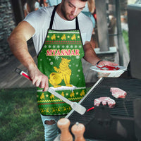 Myanmar Christmas Apron with Green-Gold Theme, Chinthe Lion, and Santa Motif - Wonder Print Shop