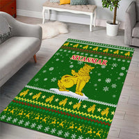 Myanmar Christmas Area Rug with Green-Gold Theme, Chinthe Lion, and Santa Motif - Wonder Print Shop