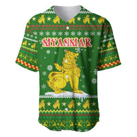 Myanmar Christmas Baseball Jersey with Green-Gold Theme, Chinthe Lion, and Santa Motif - Wonder Print Shop