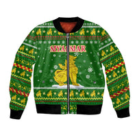 Myanmar Christmas Bomber Jacket with Green-Gold Theme, Chinthe Lion, and Santa Motif - Wonder Print Shop