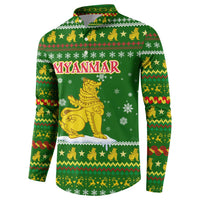 Myanmar Christmas Button Sweatshirt with Green-Gold Theme, Chinthe Lion, and Santa Motif - Wonder Print Shop