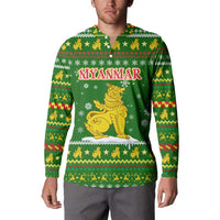 Myanmar Christmas Button Sweatshirt with Green-Gold Theme, Chinthe Lion, and Santa Motif - Wonder Print Shop