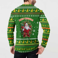 Myanmar Christmas Button Sweatshirt with Green-Gold Theme, Chinthe Lion, and Santa Motif - Wonder Print Shop