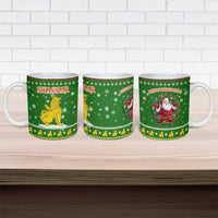 Myanmar Christmas Ceramic Mug with Green-Gold Theme, Chinthe Lion, and Santa Motif - Wonder Print Shop